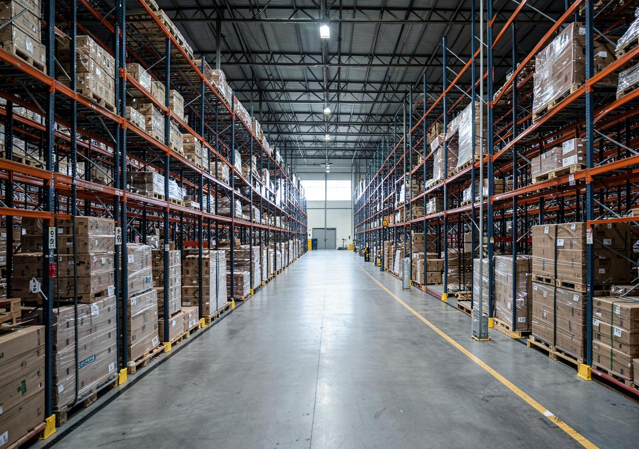 Wholesale distribution warehouse with racking and palletized goods