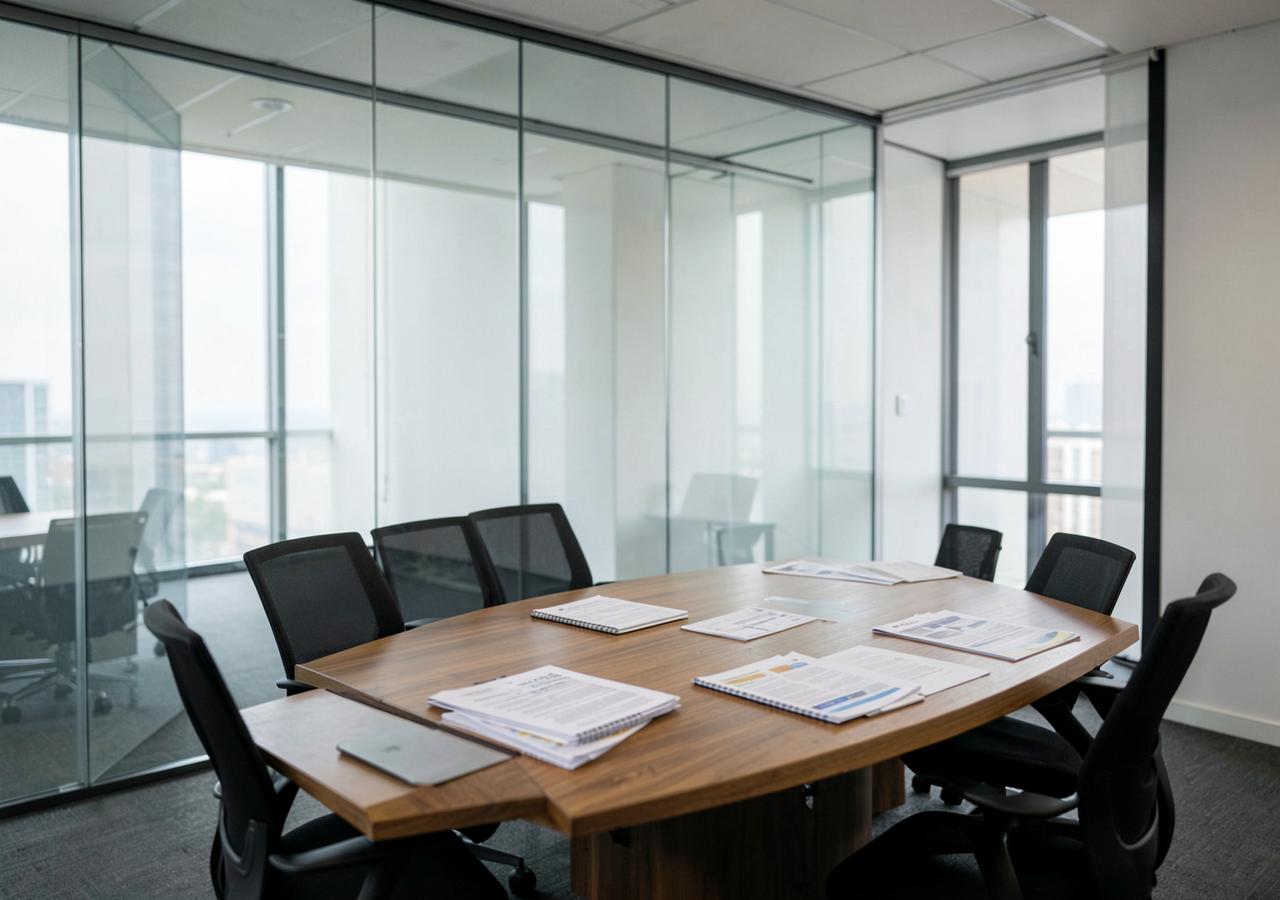 Professional services meeting room with printed reports on the table
